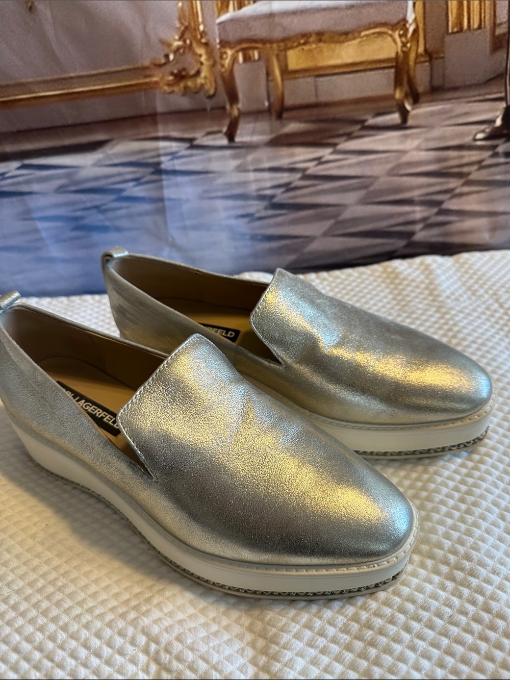 Karl Lagerfeld Paris silver leather platform loafers size 8.5 39B